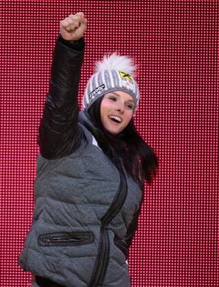 ALPINE SKIING - FIS Ski WC Creek 2015 VAIL,COLORADO,USA,03.FEB.15 - ALPINE SKIING - Super Giant Slalom FIS Alpine World Ski Championships, Raptor, super giant slalom, ladies, Medals Plaza, award ceremony. Image shows the rejoicing of Anna Fenninger (AUT).