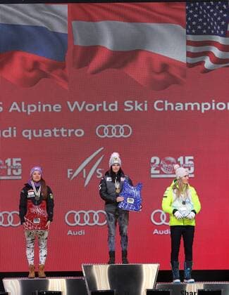 ALPINE SKIING - FIS Ski WC Creek 2015 VAIL,COLORADO,USA,03.FEB.15 - ALPINE SKIING - Super Giant Slalom FIS Alpine World Ski Championships, Raptor, super giant slalom, ladies, Medals Plaza, award ceremony. Image shows Tina Maze (SLO), Anna Feeninger (AUT) and Lindsey vonn (USA). Keywords: medal.