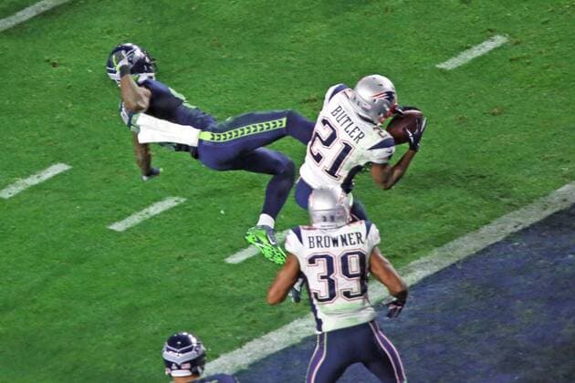 Interception Malcolm Butler (Patriots) kurz vor dem Ende - Super Bowl XLIX, Seattle Seahawks vs. New England Patriots, University of Phoenix Stadium, Phoenix