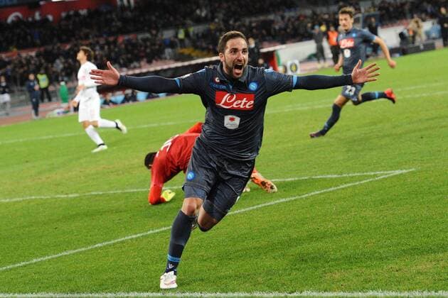 Naples, Italy - Gonzalo Higuain of SSC Napoli celebrates after scoring during the TIM Cup football match between SSC Napoli and Inter Mailand at San Paolo Stadium on February 4, 2015 in Naples,Italy. SSC Napoli and FC Inter - TIM Cup  - ZUMAn230