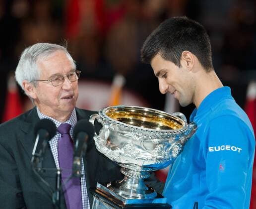 February 1, 2015: Roy Emerson presents the trophy to 1st seed Novak Djokovic (SRB) for winning the Men s Final match against 6th seed Andy Murray (GBR) on day fourteen of the 2015 Australian Open grand slam tennis tournament at Melbourne Park in Melbourne, Australia. Tennis 2015: Australian Open FEB 1 - ZUMAc04_