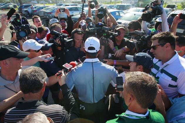 Feb. 5, 2015 - San Diego, California, U.S. - TIGER WOODS speaks with the media in the parking lot of Torrey Pines Golf Course after dropping out of the first round at the Farmers Insurance Open. Golf 2015 - Farmers Insurance Open - Round 1 - ZUMAs44_
