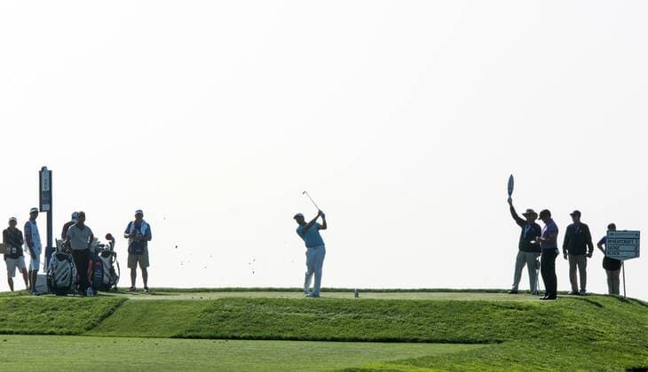 Feb. 5, 2015 - Torery Pines, California, USA - Michael Block plays his tee shot as the fog rolls in on the 8th hole of the south course during the first round of the Farmers Insurance Open at Torrey Pines Golf Course on February 5, 2015 in San Diego, California. Farmers Insurance Open 2015 - ZUMAg139