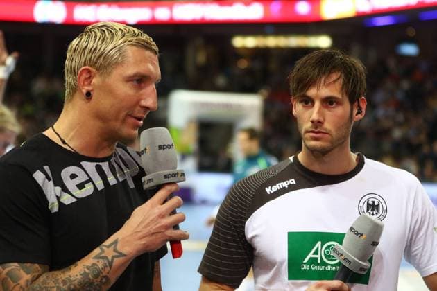 06.02.2015 - Handball - All Star Game Arena Nürnberger Versicherung - JüRa - Stefan Kretzschmar, liinks und Uwe Gensheimer (3, Deutschland, rechts im Interview