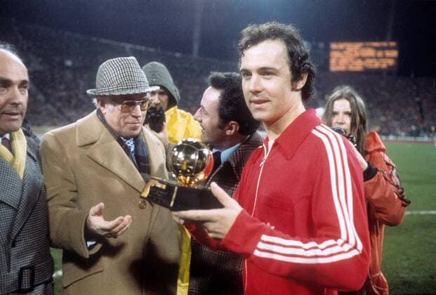 Europapokal der Landesmeister Viertelfinale, FC Bayern München - Dynamo Kiew: Franz Beckenbauer, Fußballer Europas 1976, daneben Präsident Wilhelm Neudecker (beide FC Bayern München)