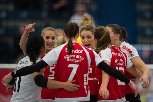 08.02.2015, Halle Berg Fidel, Muenster Volleyball, Bundesliga Frauen, USC Münster Muenster vs. MTV Allianz Stuttgart Jubel Stuttgart