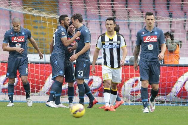 Aktuell Fußball, Italien, Serie A, SSC Neapel - Udinese Calcio Manolo Gabbiadini Napoli, goal celebration Napoli 08-02-2015 Stadio San Paolo Football Calcio Serie A SSC Neapel vs Udinese Calcio cesarexpurini