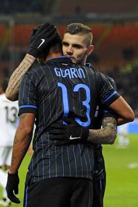 Aktuell Fußball, Italien, Serie A, Inter Mailand - US Palermo Mauro Icardi Inter 3-0. Celebration goal con Fredy Guarin Milano 08-02-2015 Stadio Giuseppe Meazza - Football Calcio Serie A Inter Mailand vs US Palermo giuseppexceleste