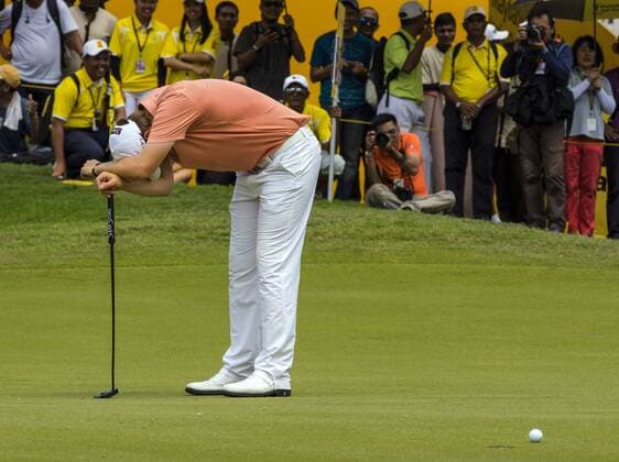 Feb. 8, 2015 - Kuala Lumpur, Malaysia - BERND WIESBERGER of Austria reacts after missing a shot on the 18th green during the final round of Maybank Malaysia Open golf tournament. Wiesberger lost by one shot. Golf 2015 - Malaysia Open  - ZUMA