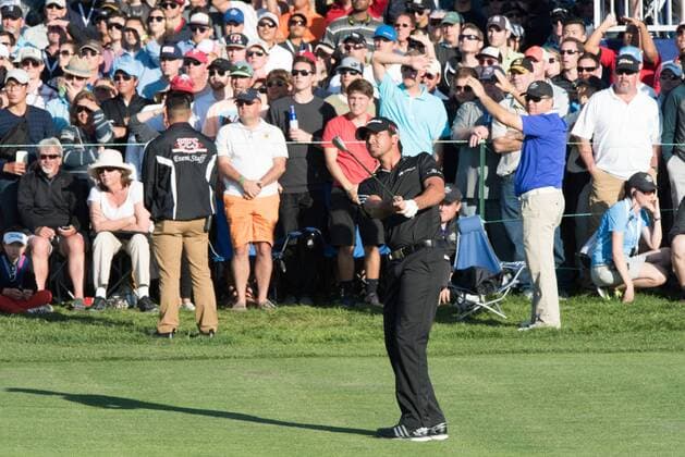 Feb. 8, 2015 - Torery Pines, California, USA - Jason Day of Australia watches his third shot on the 18th hole in the playoff during the final round of the Farmers Insurance Open at Torrey Pines Golf Course on February 8, 2015 in San Diego, California. Farmers Insurance Open - Third Round - ZUMAg139