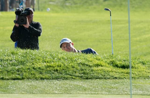 Feb. 8, 2015 - Torery Pines, California, USA - Harris English hits his third shot out of the sand on the 17th hole during the final round of the Farmers Insurance Open at Torrey Pines Golf Course on February 8, 2015 in San Diego, California. Farmers Insurance Open - Third Round - ZUMAg139
