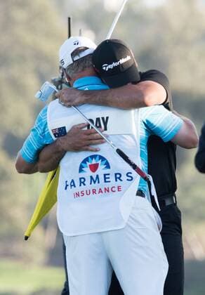 Feb. 8, 2015 - Torery Pines, California, USA - Jason Day of Australia celebrates with his caddy after his victory on the second playoff hole final round of the Farmers Insurance Open at Torrey Pines Golf Course on February 8, 2015 in San Diego, California. Farmers Insurance Open - Third Round - ZUMAg139
