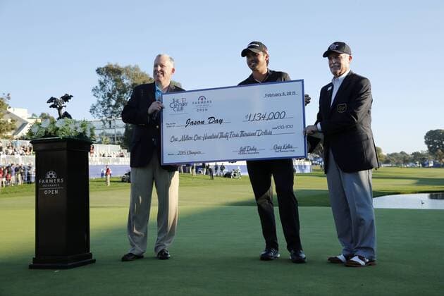 February 8, 2015: Jason Day poses with a giant check after his victory during the final round of the Farmers Insurance Open at Torrey Pines in La Jolla, CA. GOLF: FEB 08 PGA Golf Herren - Farmers Insurance Open - Final Round Icon269150208005 EDITORIAL USE ONLY