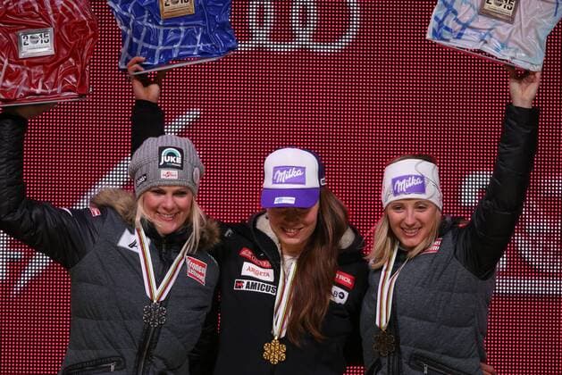 ALPINE SKIING - FIS Ski WC Vail Beaver Creek 2015 VAIL,COLORADO,USA,09.FEB.15 - ALPINE SKIING - FIS Alpine World Ski Championships, Solaris Championships Plaza, award ceremony, Alpine combined, ladies. Image shows Nicole Hosp (AUT), Tina Maze (SLO) and Michaela Kirchgasser (AUT). Keywords: Stoeckli