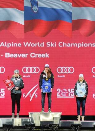 09.02.2015, Solaris Placa, Vail, USA, FIS Weltmeisterschaften Ski Alpin, Vail Beaver Creek 2015, Damen, Kombination, Siegerehrung, im Bild v. l. Nicole Hosp (AUT, 2. Platz), Tina Maze (SLO, 1. Platz), Michaela Kirchgasser (AUT, 3. Platz) second placed Nicole Hosp of Austria ( L ) first placed Tina Maze of Slovenia ( C ) third placed Michaela Kirchgasser of Austria ( R ) during award ceremony for the Ladies Combined competition of FIS Ski World Championships 2015 at the Solaris Placa in Vail, United States on 2015 02 09. EP_gro