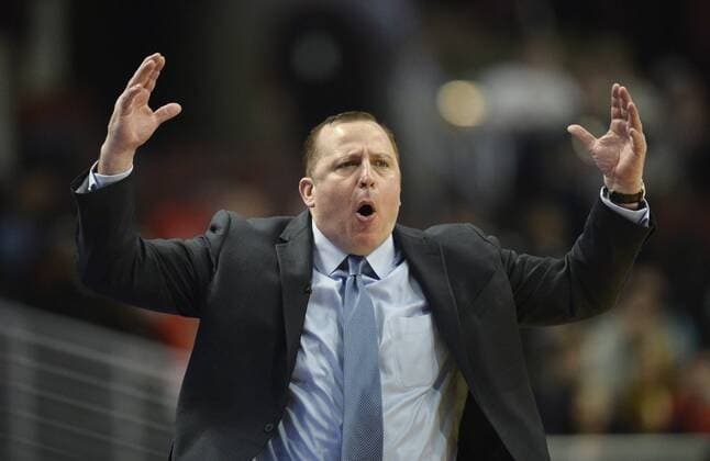 Chicago Bulls head coach Tom Thibodeau reacts during the first quarter against the Cleveland Cavaliers at the United Center on February 12, 2015 in Chicago.  CHI20150212108 BRIANxKERSEY