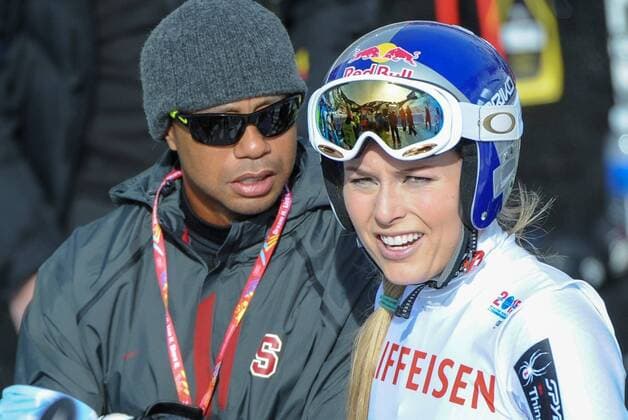 12.02.2015, Birds of Prey, Beaver Creek, USA, FIS Weltmeisterschaften Ski Alpin, Vail Beaver Creek 2015, Damen, Riesenslalom, 1. Lauf, im Bild Tiger Woods mit Freundin Lindsey Vonn (USA) Tiger Woods with Girl Friend Lindsey Vonn of the USA reacts after her 1st run of ladie s Giant Slalom of FIS Ski World Championships 2015 at the Birds of Prey in Beaver Creek, United States on 2015 02 12.  EX_SPI  