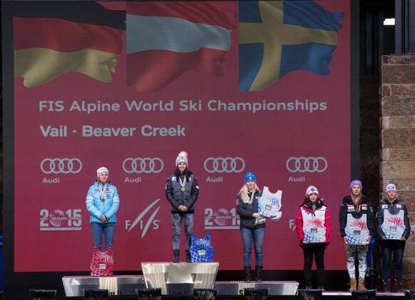 12.02.2015, Solaris Placa, Vail, USA, FIS Weltmeisterschaften Ski Alpin, Damen, Riesenslalom, Siegerehrung, im Bild Viktoria Rebensburg (GER, 2. Platz), Anna Fenninger (AUT, 1. Platz), Jessica Lindell-Vikarby (SWE, 3. Platz), Tina Weirather (LIE), Tina Maze (SLO), Michaela Kirchgasser (AUT) second placed Viktoria Rebensburg of Germany, first placed Anna Fenninger of Austria , third placed Jessica Lindell-Vikarby of Sweden, Tina Weirather of Lichtenstein, Tina Maze of Slovenia, Michaela Kirchgasser of Austria celebrates on podium during the award ceremony for the ladie s Giant Slalom of FIS Ski World Championships 2015 at the Solaris Placa in Vail, United States on 2015 02 12. EX_GRO