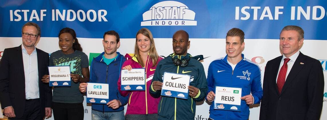 13.2.2015, xukx, ISTAF, ISTAF Berlin Pressekonferenz im Maritim Hotel, v.l. Martin Seeber, Sosthene Moguenara, Reaud Lavillenie, Dafne Schippers, Kim Collins, Julian Reus, Sergey Bubka