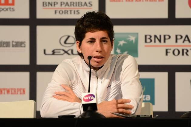Antwerp, Belgium - CARLA SUAREZ NAVARRO of Spain speaks to the media following her withdrawal at the BNP Paribas Fortis Diamond Games tennis tournament at the Antwerp Sportpaleis in Antwerp Belgium on Sunday 15 February 2015 Tennis 2015 - BNP Paribas Fortis Diamond Games - Day 7 - ZUMAl132