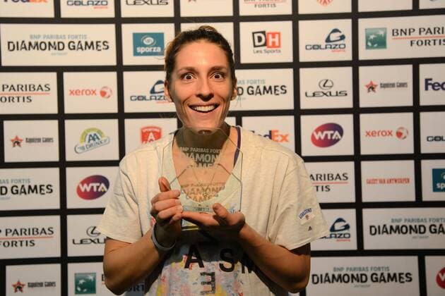 Antwerp, Belgium - ANDREA PETKOVIC of Germany poses with her trophy after wining the BNP Paribas Fortis Diamond Games tennis tournament at the Antwerp Sportpaleis in Antwerp Belgium on Sunday 15 February 2015 Tennis 2015 - BNP Paribas Fortis Diamond Games - Day 7 - ZUMAl132