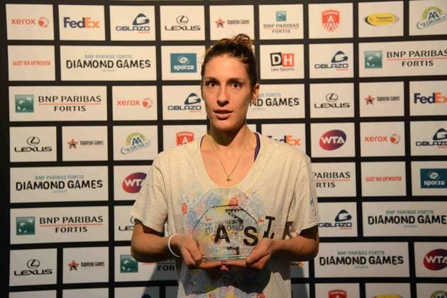 Antwerp, Belgium - ANDREA PETKOVIC of Germany poses with her trophy after wining the BNP Paribas Fortis Diamond Games tennis tournament at the Antwerp Sportpaleis in Antwerp Belgium on Sunday 15 February 2015 Tennis 2015 - BNP Paribas Fortis Diamond Games - Day 7 - ZUMAl132