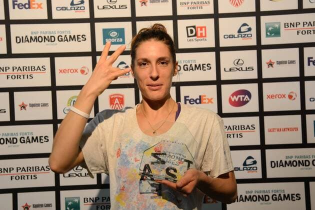 Antwerp, Belgium - ANDREA PETKOVIC of Germany poses with her trophy after wining the BNP Paribas Fortis Diamond Games tennis tournament at the Antwerp Sportpaleis in Antwerp Belgium on Sunday 15 February 2015 Tennis 2015 - BNP Paribas Fortis Diamond Games - Day 7 - ZUMAl132
