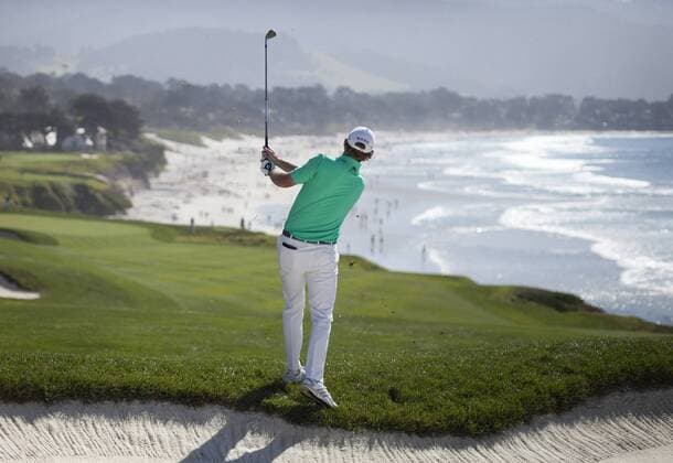 Feb. 15, 2015 - Pebble Beach, CA, USA - Brandt Snedecker hits out of a fairway bunker on the ninth hole on his way to winning the AT&T Pebble Beach National Pro-Am at Pebble Beach Golf Links in Pebble Beach, Calif., on Sunday, Feb. 15, 2015. Snedecker shot 22 under par for the tournament. Pebble Beach National Pro-Am - ZUMAm67_