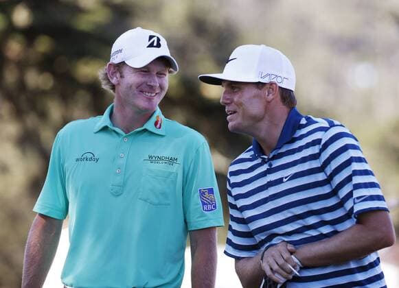 Feb. 15, 2015 - Pebble Beach, CA, USA - Brandt Snedecker, left, and Nick Watney share a laugh as they wait to tee off on the second hole during the AT&T Pebble Beach National Pro-Am at Pebble Beach Golf Links in Pebble Beach, Calif., on Sunday, Feb. 15, 2015. Pebble Beach National Pro-Am - ZUMAm67_