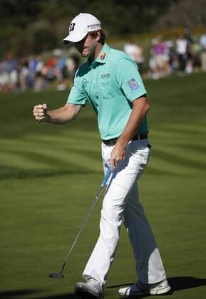 Feb. 15, 2015 - Pebble Beach, California, U.S. - BRANDT SNEDECKER reacts after his birdie putt on the fifth hole on his way to winning the AT&T Pebble Beach National Pro-Am at Pebble Beach Golf Links. Snedecker shot 22 under par for the tournament. Golf 2015 - Pebble Beach National Pro-Am - ZUMAm67_