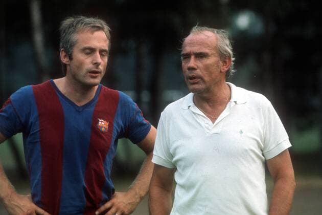 Konditionstrainer Lothar Drygalsky (li.) und Trainer Hennes Weisweiler (beide FC Barcelona)