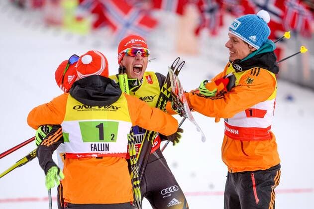 NORDIC SKIING - FIS Nordic WC Falun 2015 FALUN,SWEDEN,22.FEB.15 - NORDIC SKIING, NORDIC COMBINED, CROSS COUNTRY SKIING - FIS Nordic World Ski Championships, team competition, HS100 4x5km. Image shows the rejoicing of Fabian Riessle, Eric Frenzel, Johannes Rydzek and Tino Edelmann (GER).