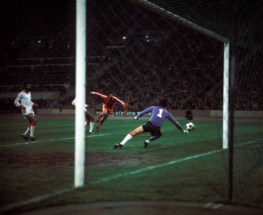 Europapokal der Landesmeister Viertelfinale, FC Bayern München - Benfica Lissabon: Gerd Müller (mi., Bayern) gegen Torwart Jose Henrique (Lissabon)