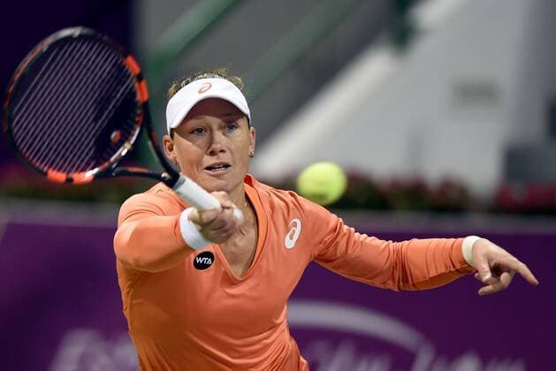 (150224) -- DOHA, Feb. 23, 2015 -- Samantha Stosur of Australia returns the ball during the first round match against LucieSafarova of the Czech Republic in the WTA Tennis Damen Qatar Open tennis tournament in Doha, Qatar, Feb. 23, 2015. Samantha Stosur lost 0-2. ) (SP)QATAR-DOHA-TENNIS-WTA ChenxShaojin 