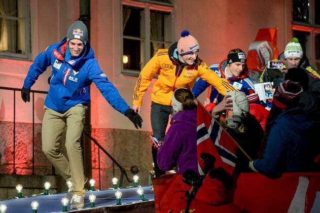 NORDIC SKIING - FIS Nordic WC Falun 2015 FALUN,SWEDEN,27.FEB.15 - NORDIC SKIING, Ski jumping Skispringen Ski nordisch - FIS Nordic World Ski Championships, large hill, men, award ceremony. Image shows Gregor Schlierenzauer (AUT), Severin Freund (GER) and Rune Velta (NOR).