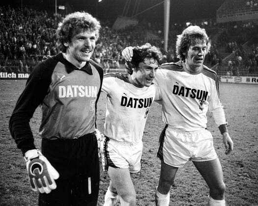 Borussia Mönchengladbach - Borussia Dortmund 1980 v.l. Torwart Uli Sude, Wolfram Wuttke, Harald Nickel (alle Gladbach) HM