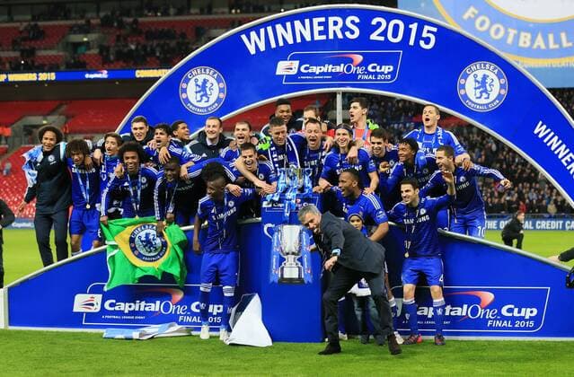 Chelsea s Jose Mourinho celebrates with the trophy League Cup Final - Chelsea vs Tottenham Hotspur - Wembley Stadium - England - 1st March 2015 - Picture David Klein Sportimage EDITORIAL USE ONLY. No use with unauthorised audio, video, data, fixture lists, club league logos or live services. Online in-match use limited to 120 images, no video emulation. No use in betting, games or single club league player publications.