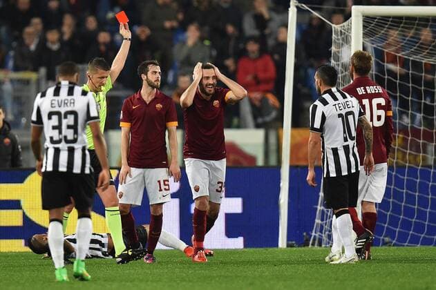 Vassilis Torosidis Roma, referee Daniele Orsato. Sent off red card Roma 02-03-2015 Stadio Olimpico Football Calcio Serie A AS Rom vs Juventus Turin andreaxstaccioli