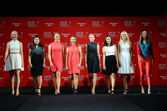 (150303) -- SINGAPORE, March 3, 2015 -- Jessica Korda of the U.S., Inbee Park of South Korea, Suzann Pettersen of Sweden, Lydia Ko of New Zealand, Paula Creamer of the U.S., Chella Choi of South Korea, Anna Nordqvist of Sweden and Michelle Wie of the U.S. (from L to R) attend a pre-competition event of HSBC Women s Champions golf tournament in Singapore, March 3, 2015. HSBC Women s Champions held a pre-competition event in Singapore s Raffles City Convention on Tuesday. ) (SP)SINGAPORE-GOLF-HSBC WOMEN S CHAMPIONS-PRE-COMPETITION EVENT ThenxChihxWey 