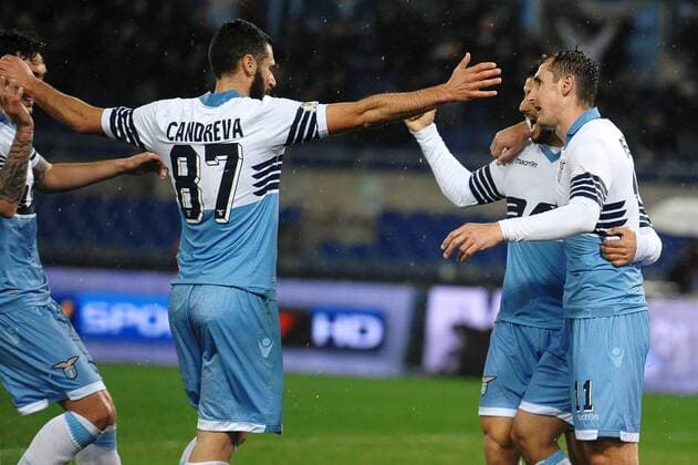 Miroslav Klose Lazio (R) with Felipe Anderson and Antonio Candreva 1-0 Goal celebration Calcio Coppa Italia Lazio Rom vs SSC Neapel Foto AndreaxStaccioli Insidefoto andreaxstaccioli