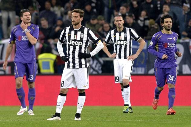 Claudio Marchisio und Leonardo Bonucci (Juventus) enttäuscht - Mario Gomez und Mohamed Salah (Fiorentina) jubeln - Coppa Italia 2015 - Juventus Turin - AC Florenz (ACF Fiorentina) (ACF Fiorentina (AC Florenz (ACF Fiorentina) ) ) filippoxalfero