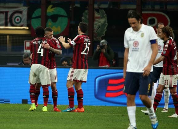 07.03.2015. San Siro stadium, Milan, Italy. Serie A football. AC Milan versus Hellas Verona. Jeremy Menez celebrates after his goal for 1-1 in the 41st minute from the penalty spot xPaoloxNuccix  ActionPlus11603314