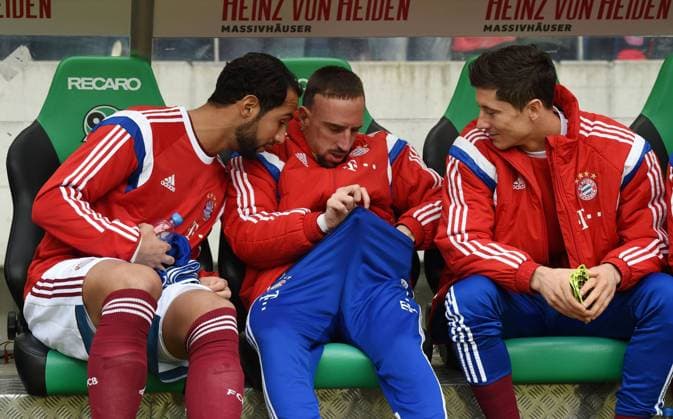 07.03.2015, Fussball, Saison 2014 15, 1. Bundesliga, 24. Spieltag, Hannover 96 - FC Bayern München 1:3 v.li., Mehdi Benatia (Bayern Muenchen), Franck Ribery (Bayern Muenchen), Robert Lewandowski (Bayern Muenchen)