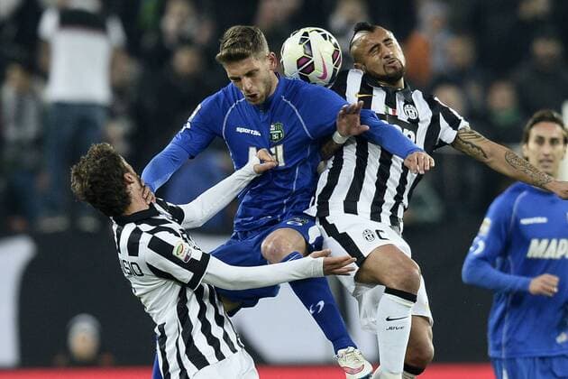 Serie A, Juventus Turin - US Sassuolo Calcio Domenico Berardi-Arturo Vidal-Claudio Marchisio 