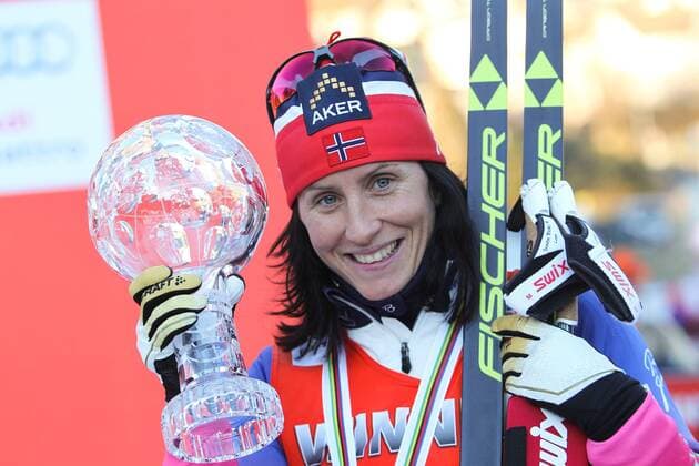 NORDIC SKIING - FIS WC Drammen DRAMMEN,NORWAY,11.MAR.15 - NORDIC SKIING, CROSS COUNTRY SKIING - FIS World Cup, sprint, ladies, award ceremony. Image shows Marit Bjoergen (NOR). Keywords: crystal globe, trophy.