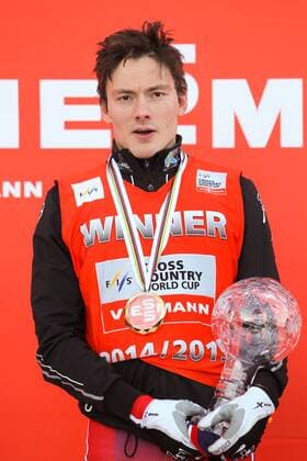 NORDIC SKIING - FIS WC Drammen DRAMMEN,NORWAY,11.MAR.15 - NORDIC SKIING, CROSS COUNTRY SKIING - FIS World Cup, sprint, men, award ceremony. Image shows Finn Haagen Krogh (NOR). Keywords: crystal globe, trophy.