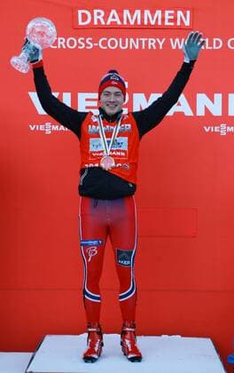 NORDIC SKIING - FIS WC Drammen DRAMMEN,NORWAY,11.MAR.15 - NORDIC SKIING, CROSS COUNTRY SKIING - FIS World Cup, sprint, men, award ceremony. Image shows Finn Haagen Krogh (NOR). Keywords: crystal globe, trophy.