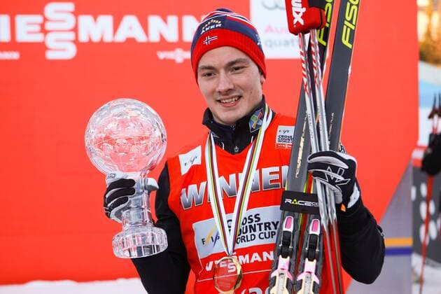 NORDIC SKIING - FIS WC Drammen DRAMMEN,NORWAY,11.MAR.15 - NORDIC SKIING, CROSS COUNTRY SKIING - FIS World Cup, sprint, men, award ceremony. Image shows Finn Haagen Krogh (NOR). Keywords: crystal globe, trophy.