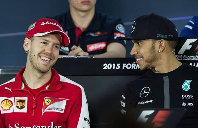 (150312) -- MELBOURNE, March 12, 2015 -- Sebastian Vettel (L) of Germany and Lewis Hamilton of Britain attend the drivers press conference PK Pressekonferenz ahead of Australian Formula One Grand Prix at Albert Park in Melbourne, Australia, March 12, 2015. ) (SP)AUSTRALIA-MELBOURNE-F1-PRESS CONFERENCE BaixXue 