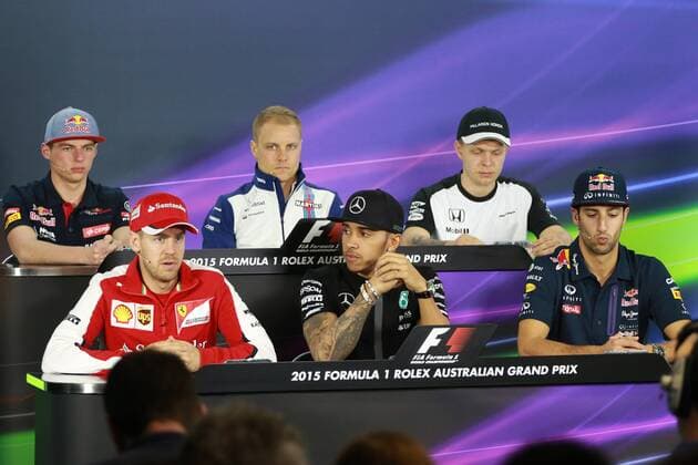 12.03.2015 - press conference PK Pressekonferenz Sebastian Vettel (GER) Scuderia Ferrari SF15-T, Lewis Hamilton (GBR) Mercedes AMG F1 W06 and Daniel Ricciardo (AUS) Red Bull Racing RB11 Australian Grand Prix, Melbourne 12 - 15 March 2015 